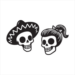 Traditional Skull Characters with Sombrero and Hair Bun,Simple Black and White Dia de los Muertos Skull Design,Male and Female Sugar Skull Icons in Mexican Style,Flat Vector Skull Couple for Cultural 
