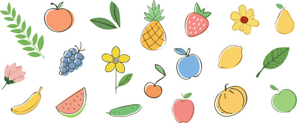 A colorful illustration of various fruits and flowers with hand drawn style