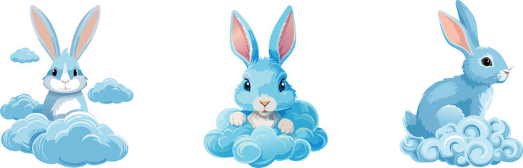 Obraz premium Three cartoon rabbits floating in the clouds, showcasing adorable bunny characters. Each one poses with a different charming expression and attitude.