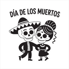 Traditional Skull Characters with Sombrero and Hair Bun,Simple Black and White Dia de los Muertos Skull Design,Male and Female Sugar Skull Icons in Mexican Style,Flat Vector Skull Couple for Cultural 