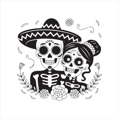 Traditional Skull Characters with Sombrero and Hair Bun,Simple Black and White Dia de los Muertos Skull Design,Male and Female Sugar Skull Icons in Mexican Style,Flat Vector Skull Couple for Cultural 