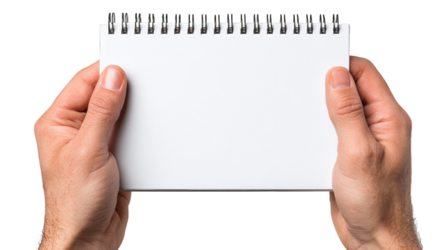 PNG,Notebook in hands, isolated on white background