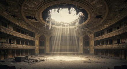 Obraz premium A sunlit interior of a dilapidated theatre
