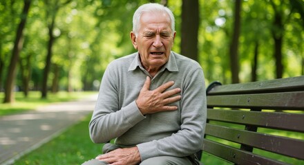 Obraz premium Elderly Man Clutching Chest in Pain on Park Bench with Soft Daylight