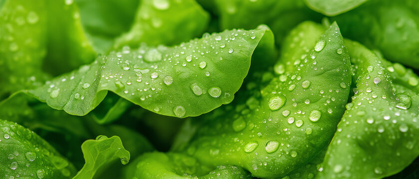 Uma fotografia macro de folhas de alface adornadas com pequenas gotas de &aacute;gua, exemplificando a vibra&ccedil;&atilde;o e a umidade do verde, indicativo de alimentos saud&aacute;veis e da abund&acirc;ncia da natureza em detalhe