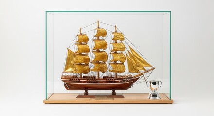 A detailed ship model housed in a glass display case with a trophy beside it symbolizing achievement or recognition