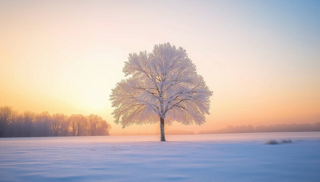 Uma &uacute;nica &aacute;rvore congelada se ergue em um campo nevado durante um sereno nascer do sol de inverno, capturando a ess&ecirc;ncia imaculada e tranquila do in&iacute;cio da manh&atilde; de inverno.