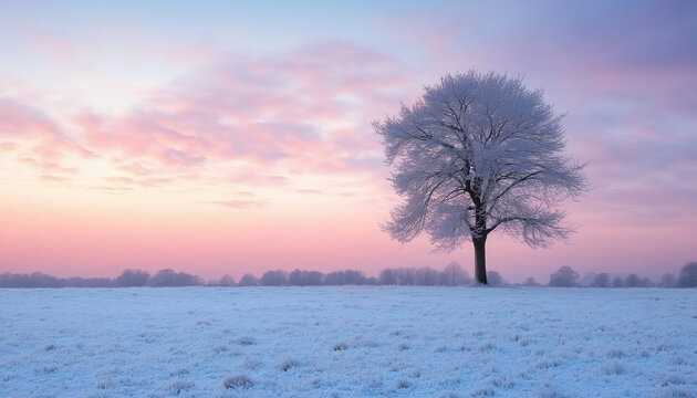 Uma &uacute;nica &aacute;rvore congelada se ergue em um campo nevado durante um sereno nascer do sol de inverno, capturando a ess&ecirc;ncia imaculada e tranquila do in&iacute;cio da manh&atilde; de inverno.