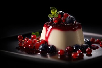 Creamy panna cotta dessert elegantly topped with a medley of fresh berries and a luscious berry coulis, presented on a dark grey rectangular plate against a stark black backdrop