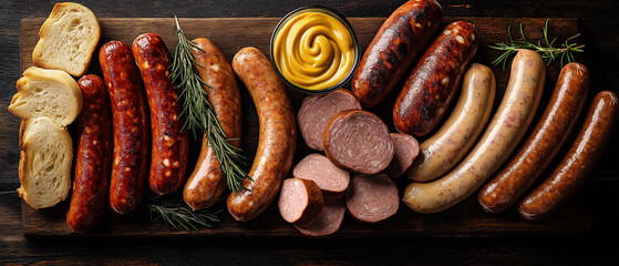 salsichas deliciosas, incluindo diferentes tipos de salsichas curadas e defumadas, dispostas em uma tábua de madeira com mostarda, pão e guarnição de alecrim.