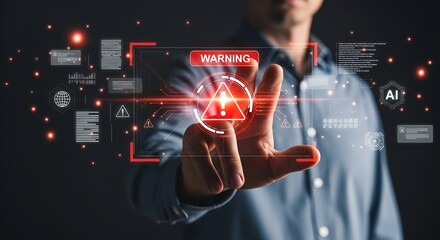 A digital warning sign is displayed on a screen as a man touches it, symbolizing cybersecurity and potential threats