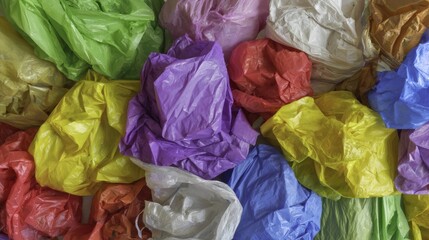 Top view of colorful crumpled plastic bags in green, yellow, red, blue, purple, and white gathered in one pile, symbolizing pollution, waste, recycling, and environmental impact