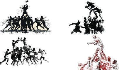Rugby players in a lineout action illustration eps