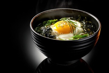 Steaming bowl with fried egg, seaweed, herbs, and noodles on black