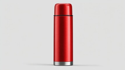 A vibrant red, cylindrical vacuum-insulated bottle with a metallic silver base and a dark ring near the top, standing upright against a light gray background