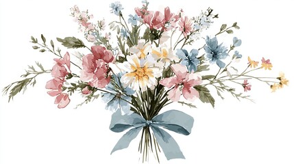 A watercolor-style bouquet of pink, blue, and yellow wildflowers tied with a dusty-blue ribbon, exhibiting delicate brushstrokes and a soft, romantic aesthetic