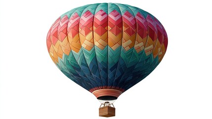 Colorful hot air balloon with vibrant diamond-shaped panels rises against a stark white background