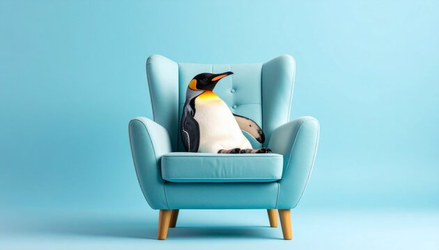 Penguin Relaxing on a Turquoise Armchair