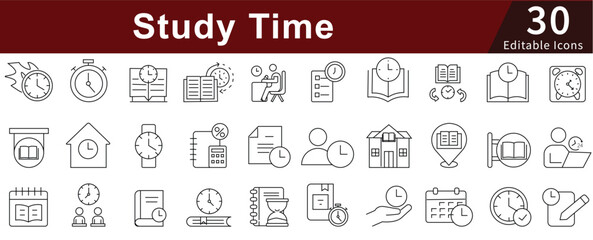 Study Time Line Icons Set with Editable Stroke for Education, Learning, Academic, and Student Activities
