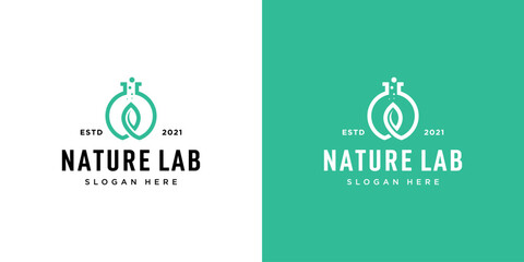 Nature leaf lab with molecule logo inspiration template Premium Vector