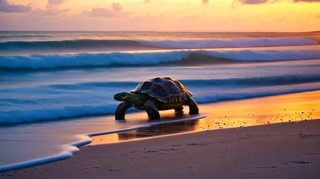 A turtle walking along the shoreline at sunset, waves gently crashing in the background