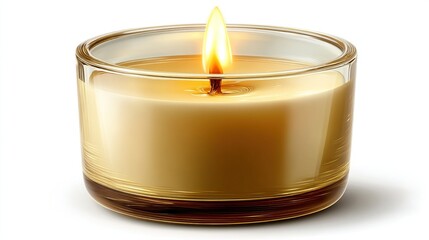 Round, clear glass candle with warm yellow wax and a lit flame