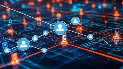 Digital network connection illustrating user profiles and devices interacting in a vibrant tech landscape - Powered by Adobe