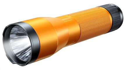 Orange flashlight, black accents, light beam visible, isolated on white background