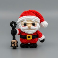 Fototapeta premium Adorable Crochet Santa Claus Toy Figurine With Bell Accessory