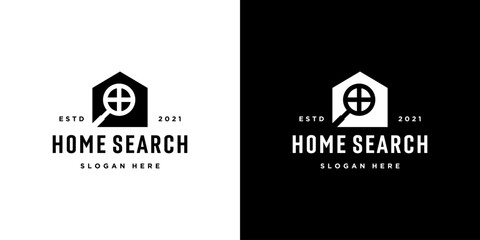 Real estate search logo of a house with magnifying glass