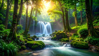 Lush waterfall cascading through mossy forest (1)