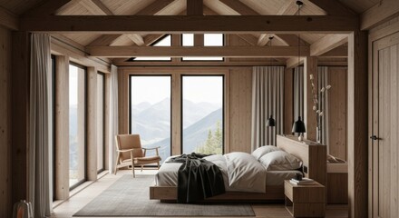 Serene Mountain Cabin Bedroom Retreat with Panoramic Views and Natural Wood Accents