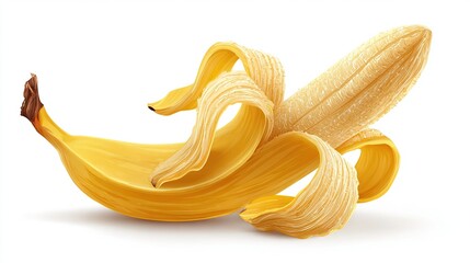 A realistic depiction of a partially peeled banana with a yellow skin and creamy flesh, set against a white backdrop