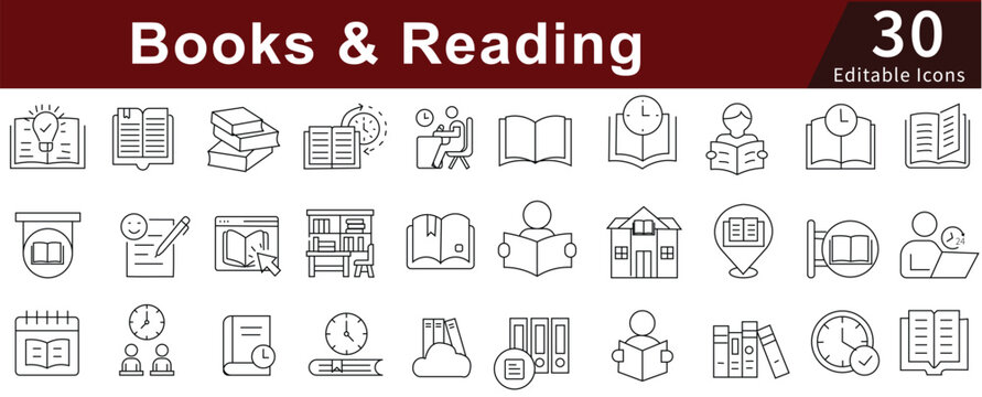 Books & Reading Line Icons Set with Editable Stroke for Literature, Education, Library, and Learning Activities