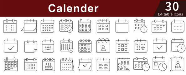 Calendar Line Icons Set with Editable Stroke for Date, Schedule, Planning, and Time Management