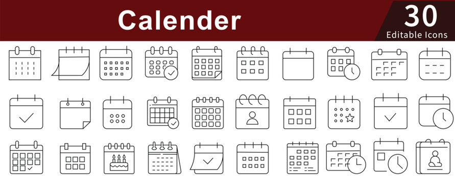 Calendar Line Icons Set with Editable Stroke for Date, Schedule, Planning, and Time Management - Powered by Adobe