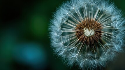 close-up of an elegant dandelion with delicate structure and intricate seeds in its flower's face, symbolizing growth, freedom, serenity, tranquility, and resilience.