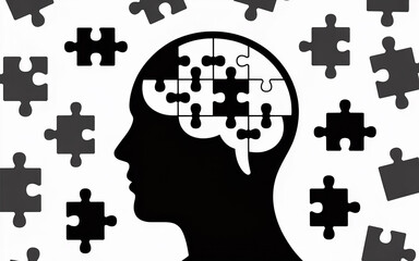 Mental health concept illustrating human brain puzzle and scattered jigsaw pieces in black and white design