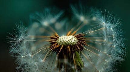 close-up of an elegant dandelion with delicate structure and intricate seeds in its flower's face, symbolizing growth, freedom, serenity, tranquility, and resilience.