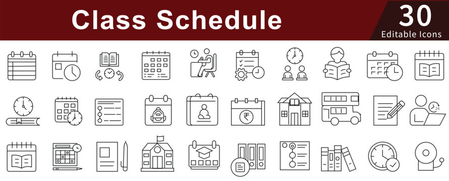 Class Schedule Line Icons Set with Editable Stroke for Education, Timetable, School, and Academic Planning