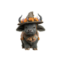 Adorable Baby Buffalo in Autumn Witch Hat and Floral Garland