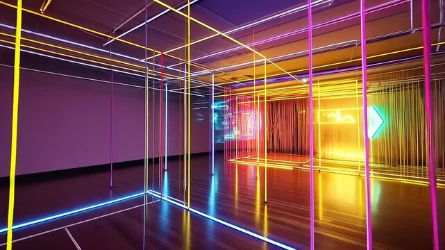 Vibrant neon light installation in a modern gallery, creating a colorful maze with glowing patterns
