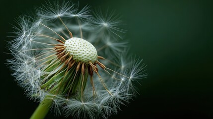 close-up of an elegant dandelion with delicate structure and intricate seeds in its flower's face, symbolizing growth, freedom, serenity, tranquility, and resilience.