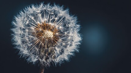 close-up of an elegant dandelion with delicate structure and intricate seeds in its flower's face, symbolizing growth, freedom, serenity, tranquility, and resilience.