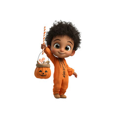 Adorable 3D Rendered Black Toddler Boy in Halloween Costume with Candy
