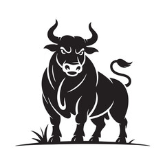Black And White Silhouette Illustration Of A Bull Standing On Grass