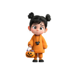 Adorable 3D Rendered Girl in Halloween Costume Holding a Pumpkin Candy Bucket