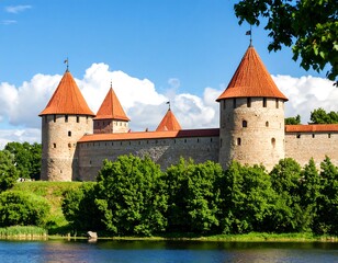 Obraz premium Medieval castle fortress by a river
