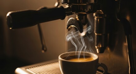 Hot espresso steam rising from a coffee cup near a machine