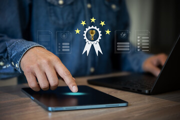 Business man work to seek ribbon reward in success business floating on screen.